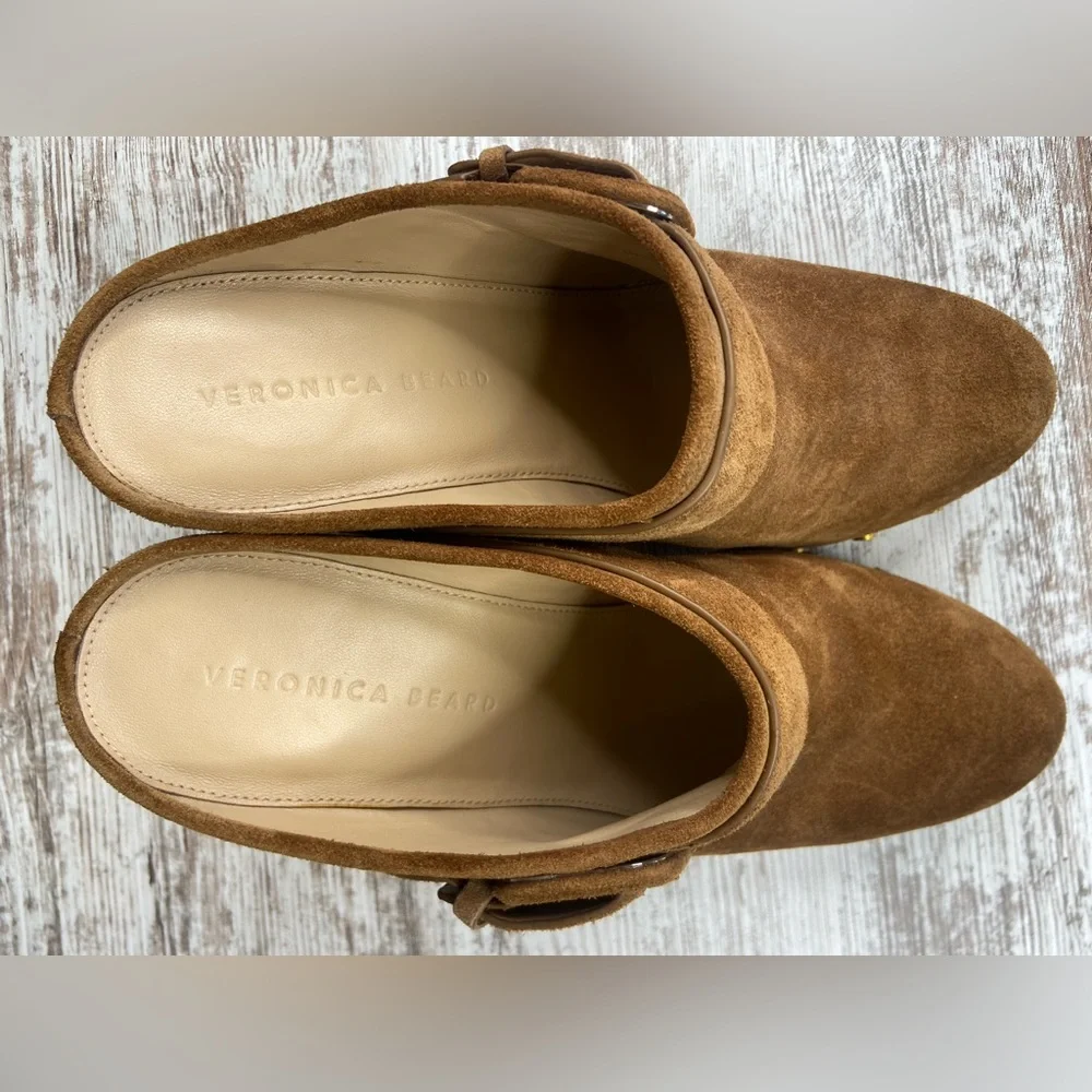 VERONICA BEARD DACEY‎ Buckle Clogs MULE PLATFORM SUEDE PECAN Size 9.5 GUC!